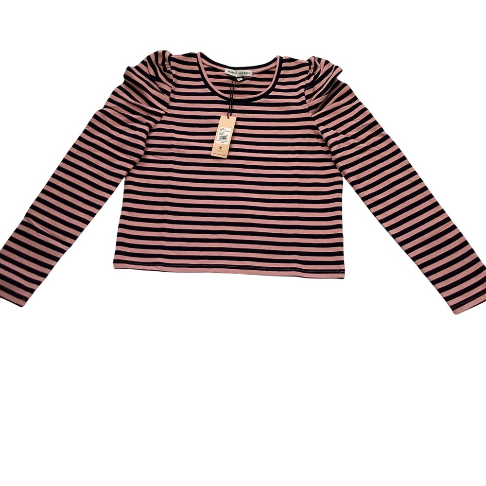 Rebecca Minkoff Cropped Talia Striped Sweatshirt Pink Navy‎ Puff Sleeve XS